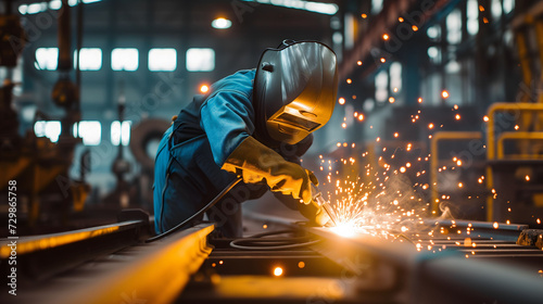 Industrial worker welding at a factory will be wearing appropriate safety gear.