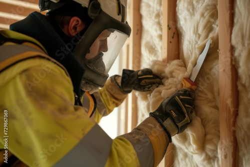professional wearing safety gear trimming insulation with utility knife