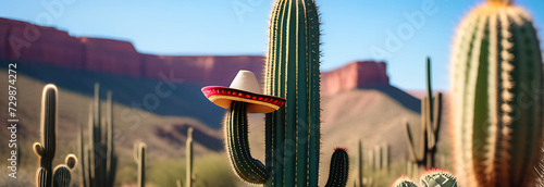 A cactus in a Mexican sombrero hat stands on the prairie at sunset. Postcard for the Cinco de Mayo holiday