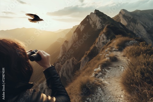 person on a mountain trail observing a bird through monoculars