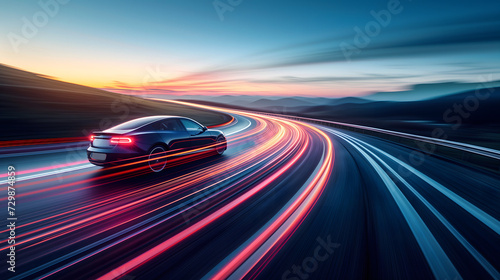 a modern electric car speeding along a highway at dusk, captured with motion blur to convey a sense of swift, silent power inherent to electric vehicles