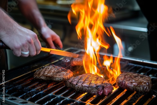 chef grilling steaks on an open flame barbecue