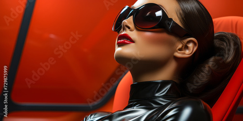 Futuristic female portrait with striking red lips and glossy latex attire, embodying a bold sci-fi aesthetic