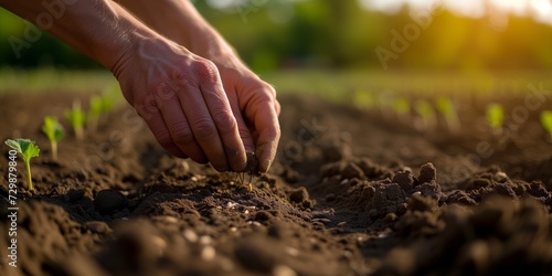 Farmer hand sowing seeds of vegetable on prepared soil.