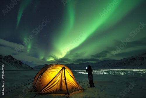 glowing tent under aurora borealis, person outside gazing up