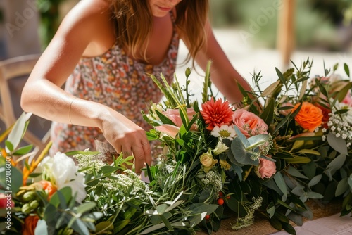 woman in a sundress arranging a floral centerpiece