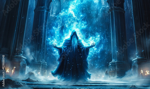 Mystical ancient wizard conjuring blue magical energy from an arcane tome in a dark, gothic cathedral setting, embodying fantasy and sorcery