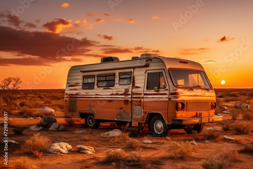old rusty abandoned bus stands in the desert. Beautiful view of red sunset