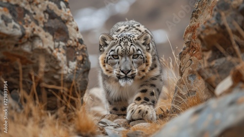 A fierce-looking snow leopard camouflaged among the rocky Himalayan terrain.