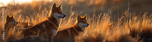 Dingo family standing in front of the camera in the rocky plains with setting sun. Group of wild animals in nature. Horizontal, banner.