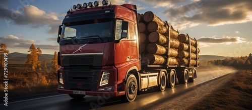 Truck transporting logs on the highway. Wood transport concept