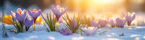 Colorful crocus flowers and grass growing from the melting snow and sunshine in the background. Concept of spring coming and winter leaving.