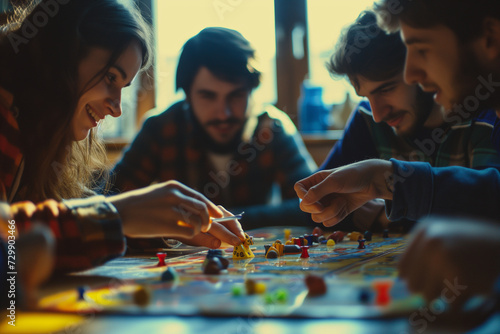 Dynamic Board Game Session: Energetic Young Adults Engrossed in Playful Competition, Radiating Vibrant Atmosphere of Friendship and Shared Joy