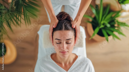 une femme allongée sur le dos sur une table de massage se fait masser la tête par une masseuse professionnelle