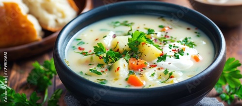 Potato soup with mixed vegetables, sour cream, and parsley.