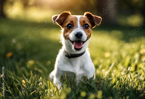 Funny Small Jack Russell terrier doggy sitting with tongue out on grass lawn in park, outdoors. Playful little Jack Russell terrier dog playing posing in nature. Pet love concept. Copy ad text space