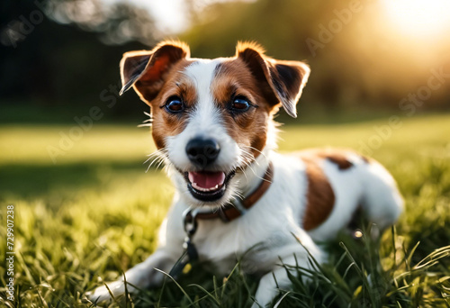 Funny Small Jack Russell terrier doggy sitting with tongue out on grass lawn in park, outdoors. Playful little Jack Russell terrier dog playing posing in nature. Pet love concept. Copy ad text space