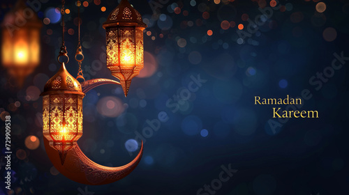 Ramadan Kareem illustration banner background with Islamic Crescent and lantern and written Ramadan Kareem