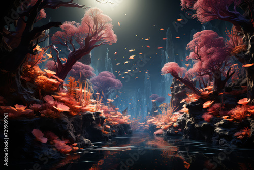 A photograph capturing a dreamy, underwater world where schools of neon-colored fish swim through a forest of coral shaped like whimsical, oversized trees. Generative Ai.