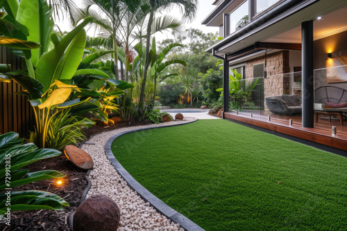A contemporary Australian home or residential buildings front yard features artificial grass lawn turf, timber edging and many tropical plants