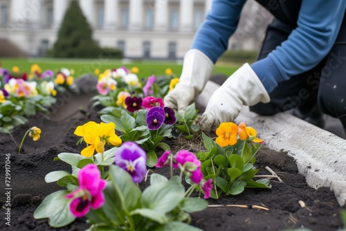 gardener planting spring flowers at city hall
