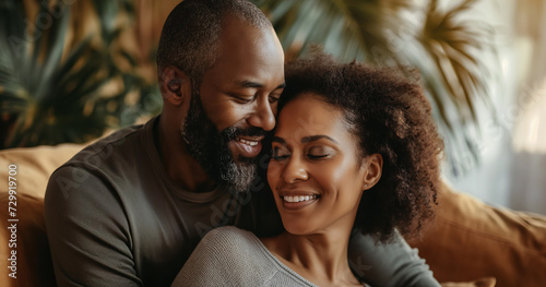 Lifestyle portrait of mature black couple in love smiling and embracing at home in living room