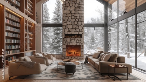 Cozy modern living room in milk tones, high ceiling, with stone fireplace, bookshelves, New Year's decoration, outside is snow-covered taiga forest winter