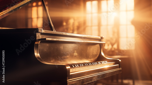 old grant piano on which the sun's rays fall