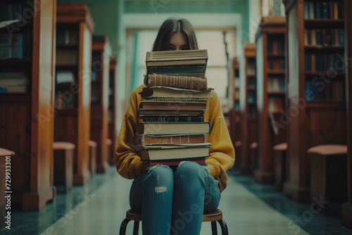 Student Overwhelmed with a Large Stack of Books, Studying Hard in University Library, Knowledge and Learning Concept, Academic Pressure and Education Challenge in a Scholarly Environment