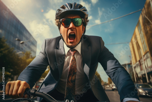 Happy male businessman on a bicycle rides to work