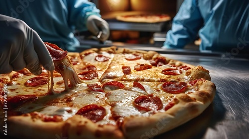 Doctors cutting pizza into pieces close up
