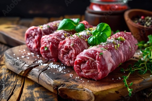 Fresh raw beef roulades on wooden table