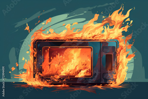 Broken burning microwave oven with fire and smoke in drawing style