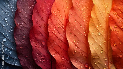 A vibrant gradient of leaves with fresh water droplets, showcasing nature's textures and colors after rain.