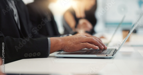 Hands of man at meeting in office with laptop, email or social media for business feedback, schedule or agenda. Networking, typing and businessman online for market research, report and workshop.