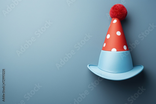 Multicolored clown hat on a blue background with space for text. April Fool's Day. Generated by artificial intelligence