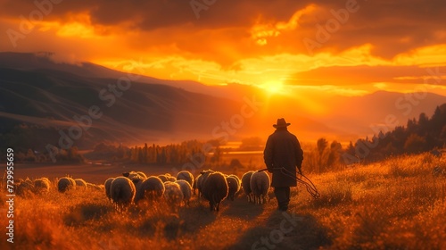 a mountain herdsman taking sheep to the farm at sunset, farm environment, nature and farm animals