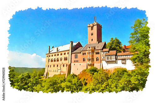 Wartburg Castle in Germany, watercolor sketch illustration.