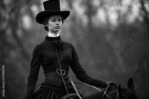 woman in a victorian riding habit with a top hat holding reins