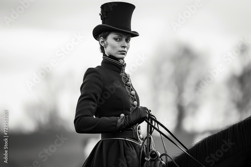woman in a victorian riding habit with a top hat holding reins