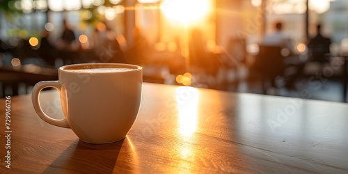 a cup of coffee on a table with sunlight and office workers chatting