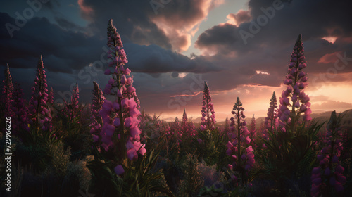 Foxglove blooms set against a dramatic sunset sky.