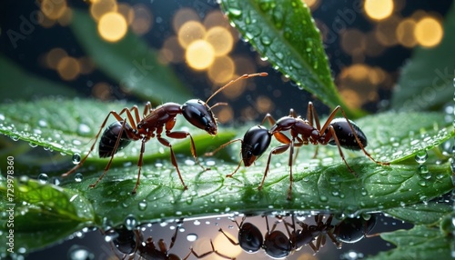 Close-up of ants or ant on a leaf in the wonderful green nature in sunlight on a meadow - ai generated
