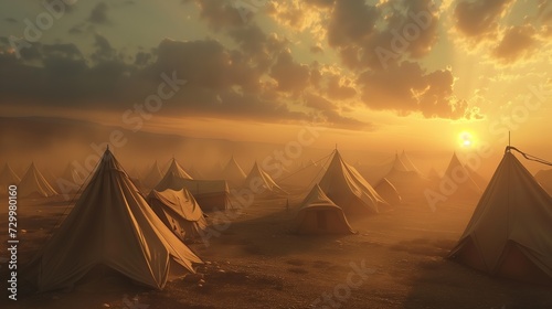 ancient Israelis people live in tent during wandering in desert, big cloud shade over the camp, old testament believer concept theme, Generative Ai