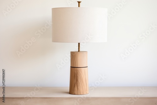 a table lamp with wood stand and linen shade