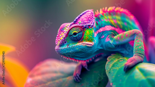 Colored chameleon. Painted animals with colored in their hair and black background. art paints Multi colored colorful on skin body and scales paint. Cute animals concept