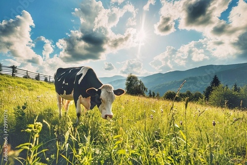 Black and white cow grazing on meadow in Carpathian mountains