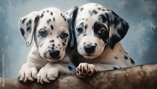 Two cute Dalmatian puppies on a blue background. Studio shot.