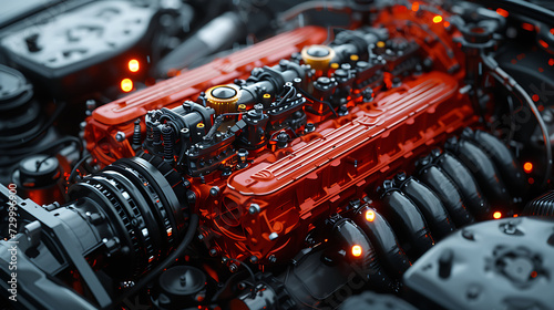 close up of car engine with insanely extreme texture details and every object is extremely detailed