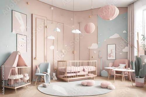 Picture of a girl, book covers, and design on the wall are my own images. 3D rendering of a children roomModern design of a child room interior in pastel colors. Nursery for girl,